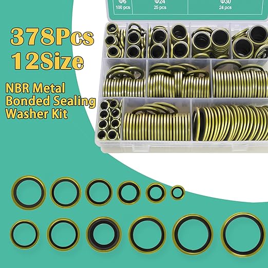 378 Pcs NBR Metal Bonded Sealing Washer Assortment Kit M6 M8 M10 M12 M14 M16 M18 M20 M22 M24 M27 M30 Automotive Self-Centred Seal Gasket Repair Set