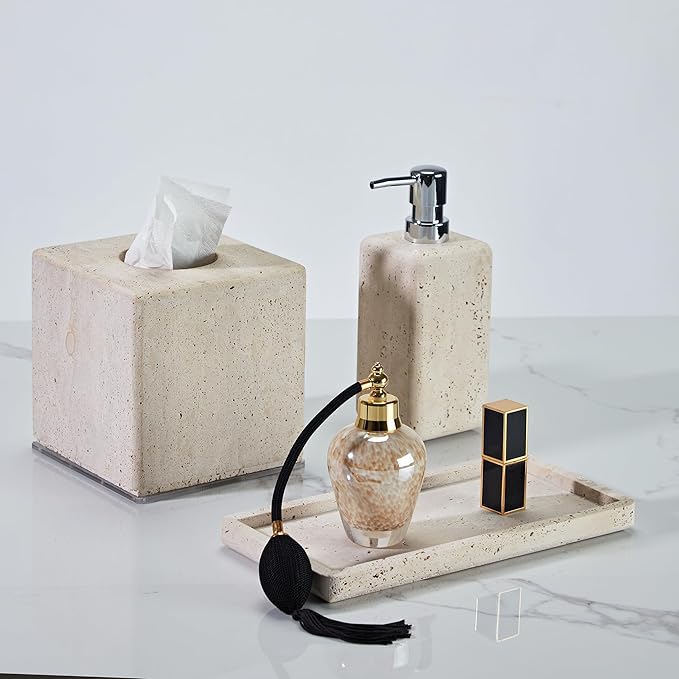 Ivory Travertine Soap Pump, Refillable Bathroom Liquid Dispenser with Stainless Steel Pump, Natural Organic Stone Hand Lotion Dispenser, Pump Bottle Dispenser for Bathroom and Kitchen Countertop