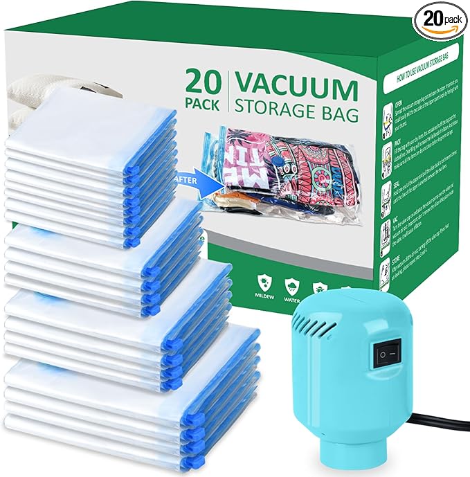 ZPP Vacuum Storage Bags with Electric Pump, 20 Pack (4 Jumbo, 4 Large, 4 Medium, 4 Small, 4 Roll Up Bags) Vacuum Seal Bags for Clothes, Mattress, Blanket, Comforters, Travel, Moving