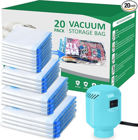ZPP Vacuum Storage Bags with Electric Pump, 20 Pack (4 Jumbo, 4 Large, 4 Medium, 4 Small, 4 Roll Up Bags) Vacuum Seal Bags for Clothes, Mattress, Blanket, Comforters, Travel, Moving