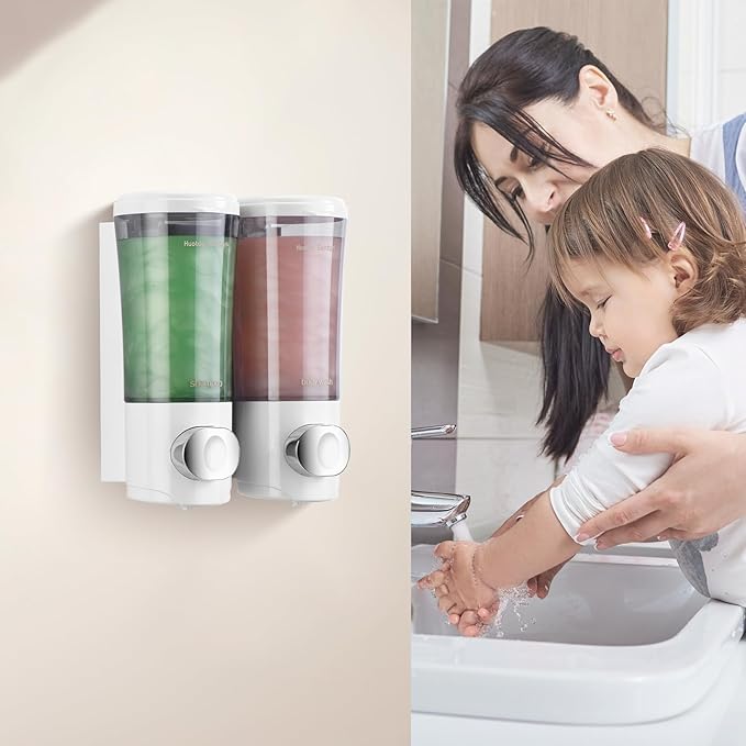 Shampoo and Conditioner Dispenser No Drill Shower Soap Dispenser Wall Mounted Shower Dispenser 2 Chamber with Upgrade Smooth Pump Head Bathroom Body Wash Soap Dispenser Set 450ml*2 White