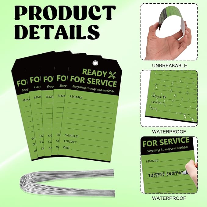 100PCS Ready for Service Tags 3" x 5 3/4" Service Repair Tags with Wire Service Tags for Equipment Black and Green Service Tags for Required Examination Production Status Notice Tags Cardstock