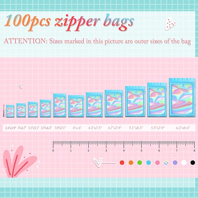 Funfery 100 pcs Smell Proof Mylar Holographic Bags Packaging Bags, Clear Seal Resealable Odor Proof Bag Foil Pouch Zipper Bag for Food Storage and Lipgloss,Jewelry,Eyelash Packaging(Blue,4x6In)