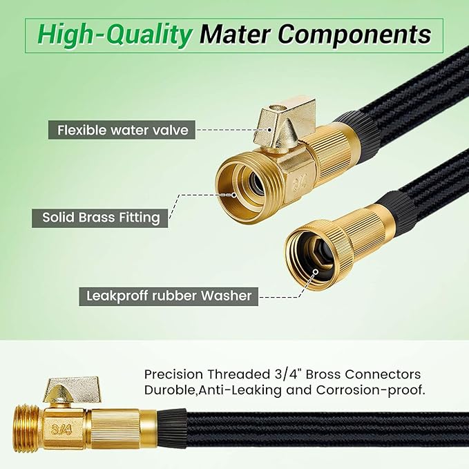 Non-Expandable Garden Hose 100 ft, Flexible Water Hose with 10 Function Nozzles, Leak-Proof Design High-Density Fabric&Shut-Off Valve, Hose Straps Garden Hose Pipe for Car Wash, Yard, Camper, Lawn
