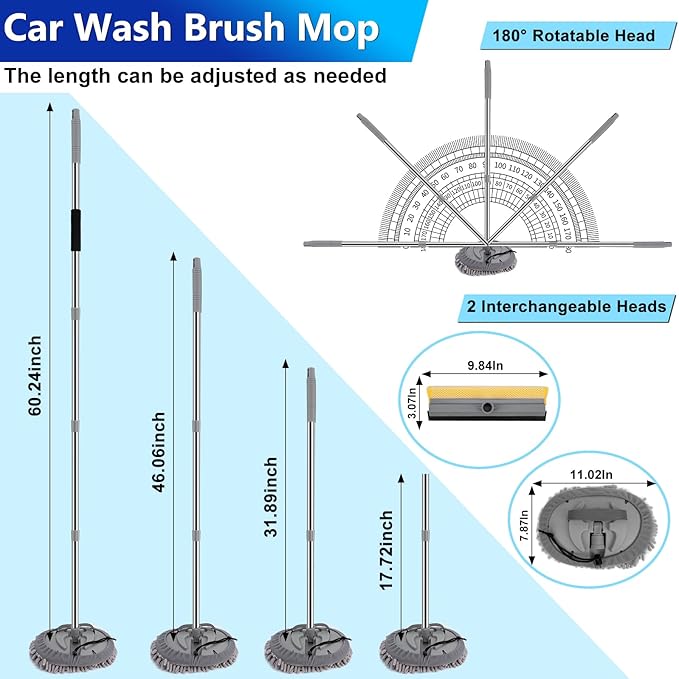 THINKWORK Car Wash Kit, Car Washing Brush with Long Handle, Extendable Car Wash Brush Mop with 2-in-1 Windshield Squeegee and 9Pcs Detailing Brush, Gray Car Detailing Kit Gift for Men
