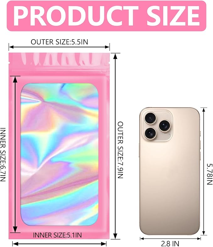 100 pcs Pink Smell Proof Mylar Holographic Bags Packaging Bags,Clear Resealable Odor Proof Bag Foil Pouch Bag for Food Storage and Lipgloss,Jewelry,Eyelash Packaging for Small Business(5.5x7.9Inch)