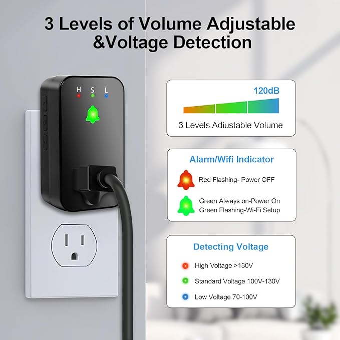 Power Failure Alarm WiFi, 110dB Loud Freezer Smart Power Outage Alarm with LED Indicator, 3 Volume Levels & Voltage Detection, Socket Expansion, App Alerts, for Refrigerator, Sump Pump, Aquarium
