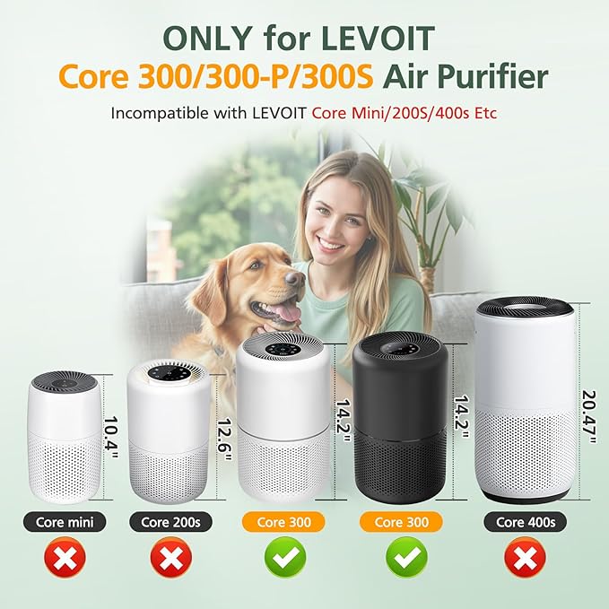 Core 300 Replacement Filter for LEVOIT Core 300 Core300-P Core 300S Core 300-P VortexAir Air Purifier, Core 300-RF, 3-in-1 HEPA Activated Carbon, 2 Pack, White, Core 300-P