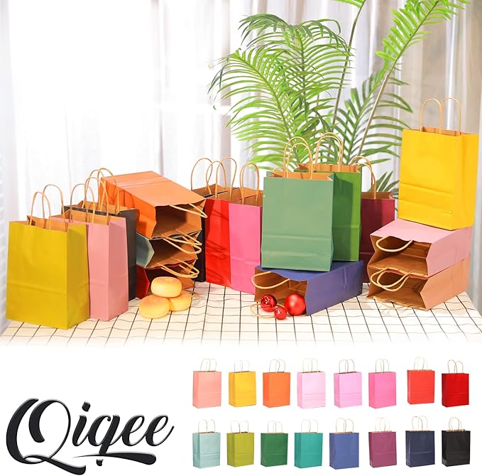 qiqee 32-Packs Paper Bags with Handles Bulk 8.26"×6"×3.15" Small Gift Bags 16 Different Senior Color Bags Multiple Uses（Small Size）