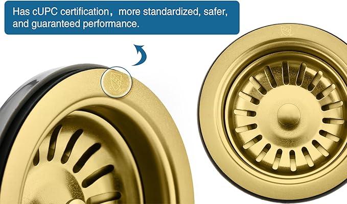 Black/Gold/Chrome Kitchen Sink Drain Assembly Replacement Kit,for Standard 3-1/2 Inch Kitchen Sinks,with Removable Basket Strainers Stopper Plug, with 1-1/2 Lock Nuts,Nicmondo (Gold)