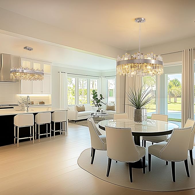 Siljoy Modern Crystal Chandelier for Dining Room, 12 Lights Luxury 2-Tiers K9 Crystal Chandelier Raindrop Pendant Ceiling Light for Living Room Kitchen Island Entry Foyer D23.6'', Brushed Nickel