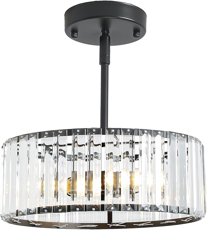 Black Crystal Chandelier for Dining Room,Modern Semi Flush Mount Ceiling Light Fixtures,3-Ligh Round Kitchen Hanging Drum Pendant Light Fixture for Hallway Entryway Foyer Laundry Room, 12''