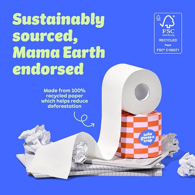 Who Gives A Crap | 100% Recycled Toilet Paper, 16 Rolls, 330 Sheets, Soft & Strong, Virgin Tree Free, Bulk Toilet Paper
