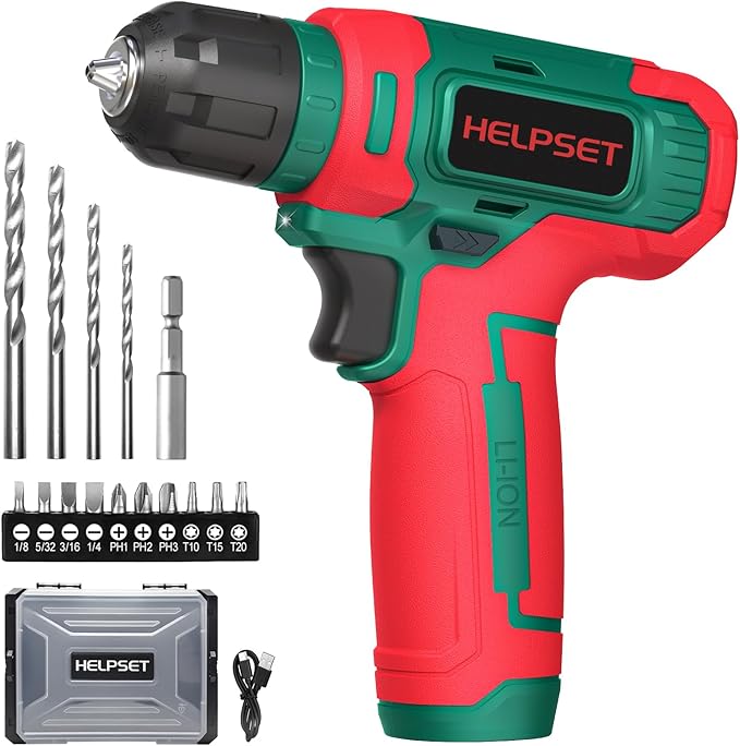 8V Cordless Drill Driver Set - 3/8" Keyless Chuck, 15pcs Drill Bits Included, Built-in LED Light for Drilling & Screwing, Comes with Toolbox for Storage (Christmas)