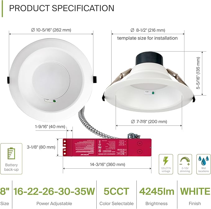 ASD Commercial LED Downlight 8 Inch with Emergency Battery Backup 15W, Power Adjustable Downlights 16/22/26/30/35W, Recessed Lighting 120-277V, 5 CCT 2700K-5000K, Dimmable, IC Rated, White ETL, 4 Pack