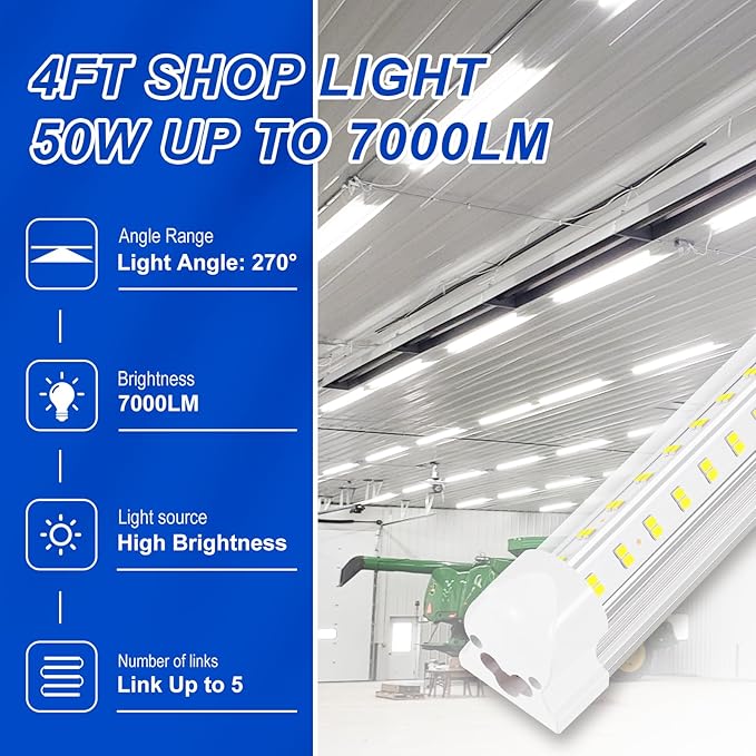 Led Shop Lights,4FT LED Light 50W 6500K 7000LM Led Daylight,Garage Light Linkable Clear Cover Integrated V-Shape for Garage Warehouse Workbench Workshop(10-Pack)