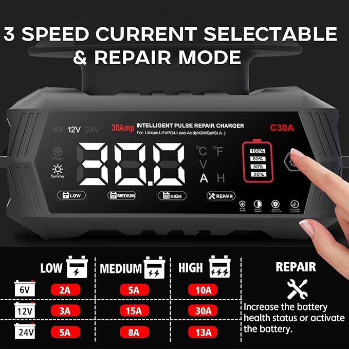 30 AMP Battery Charger, 6V/12V/24V Lead-Acid, Lithium, LiFePo4 Smart Battery Charger, Portable Large Screen Trickle Charger, Fully Automatic Chargers and Maintainer for Car, Motorcycle, Lawn Mower