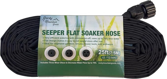 Rocky Mountain Goods 25 Foot Flat Weeper Soaker Hose - Drip Irrigation - Double Layer Design - Saves 70% Water - Consistent Drip Entire Length of Hose - Includes 3 Pressure Reducing Discs