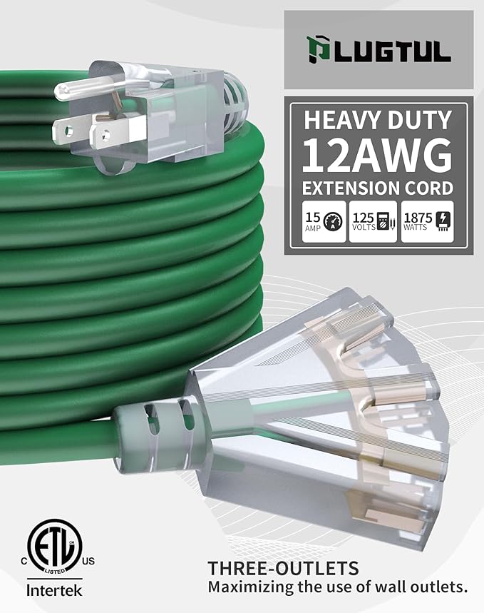 25Ft 12/3 Outdoor Extension Cord with 3-Outlets, Heavy Duty 12 Gauge 3 Prong Extension Cord Waterproof with Lighted end, 15A 12AWG 1875W SJTW, ETL Listed - Great for Garage, Garden and Home, Green