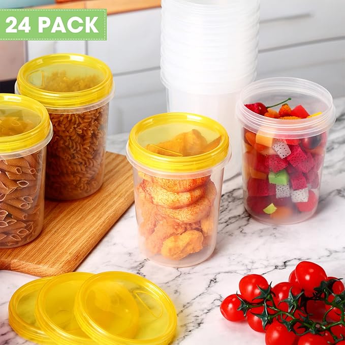 24 Pcs 32 oz Food Storage Freezer Container with Twist Top Lids Reusable Plastic Soup Food Containers with Screw on Lids Leakproof Round Containers for Juice Condiments Fruit Snacks Leftovers(Yellow)