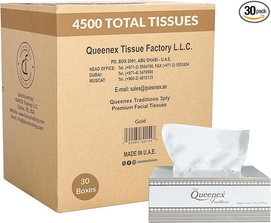 4,500 Ultra Soft 3-Ply Facial Tissues, 30-Box Bulk Pack (150 Sheets per Box) | Premium Gold Design