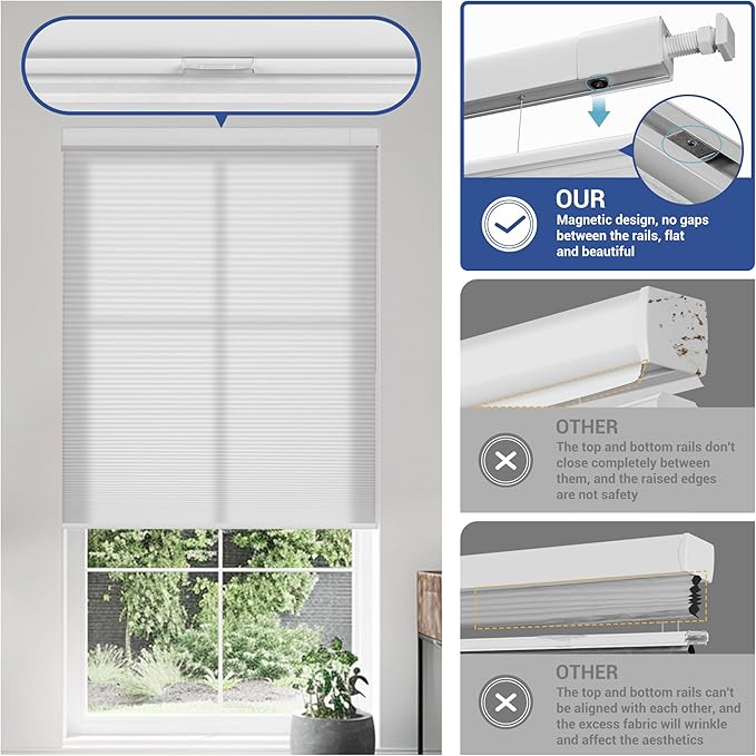 No Drill No Tools Cellular Shades Top Down Bottom Up Blackout Blinds for Windows Cordless Honeycomb Window Shades Easy to Install for Home, Light Filtering-White, 33.5" W x 64" H
