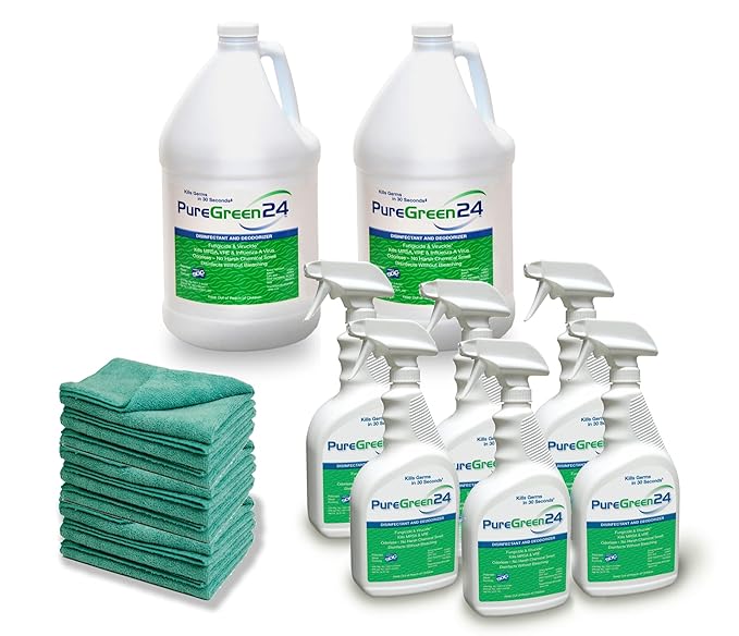 PureGreen24 Institutional pack Safe & Effective Disinfectant. Kills Deadly Germs including RSV Norovirus MRSA Staph 2025 Flu Contains No Toxic Chemicals. 2 gallons (6) 32oz sprays 10 Microfiber