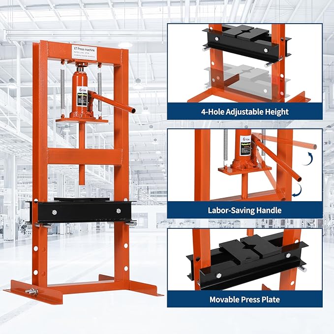 Hydraulic Press 6 Ton Hydraulic Shop Press H-Frame Garage Floor Adjustable Shop Press with 2 Plates Adjustable Working Table Height, Orange