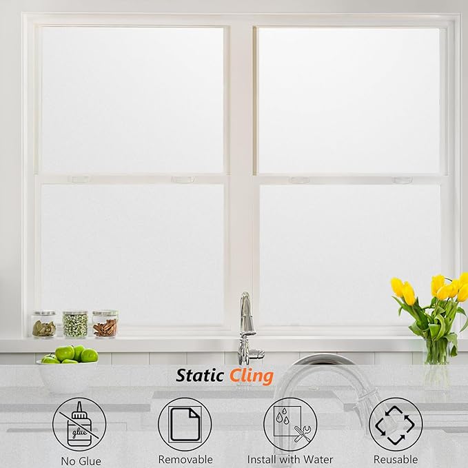 Kromapolis Window Privacy Film Frosted Glass Window Film, Heat Blocking Privacy Film for Glass Windows, Static Cling Non-Adhesive Frosting Window Stickers for Door Home (Frosted, 45.2 x 78.7 inch)