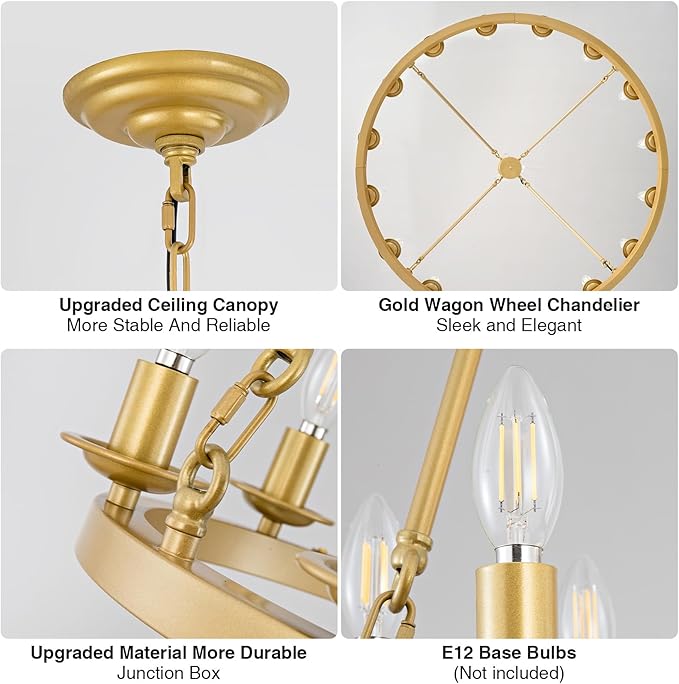 Wagon Wheel Chandelier, 16-Light Gold Modern Rustic Large Farmhouse Chandelier Adjustable Height Light for Ceiling Living Room, Entryways, Foyer, Dining Room, Kitchen