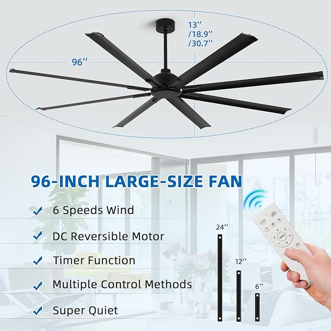 96 Inch Industrial Ceiling Fans without Lights，Large Ceiling Fan with 8 Reversible Aluminum Blades, 6-Speed Remote Control, Home or Commercial Ceiling Fan for Porch，Garage，Shop