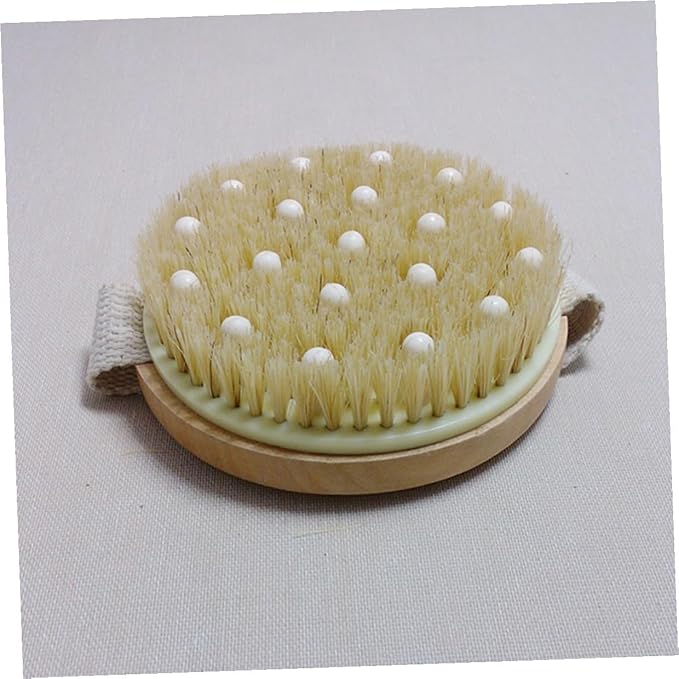 Exfoliating Bath Brush with Natural Bristles and Hand Strap Medium Stiffness Shower Scrubber for Dead Skin Removal Massage and Stimulation Body Brush for Feet Knees and Legs