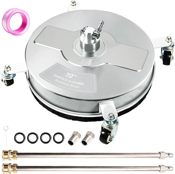 19" Pressure Washer Surface Cleaner with 4 Wheels, Stainless Steel Power Washer Surface Cleaner for Driveways Sidewalks Patios, 1/4" Quick Connector, 2 Extension Wand, 4000 PSI