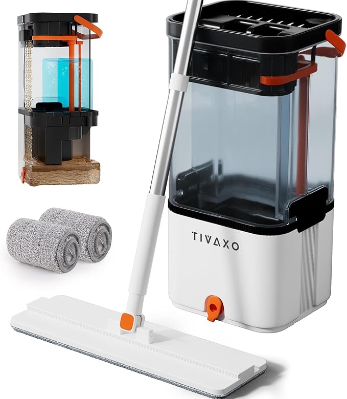 Mop and Bucket Set, Flat Mops and Bucket with Wringer Set System Automatic Separates Dirty and Clean Water, Wet and Dry Use Microfiber Mops for Wall Floor Cleaning (Mop Set with 2 Pads)