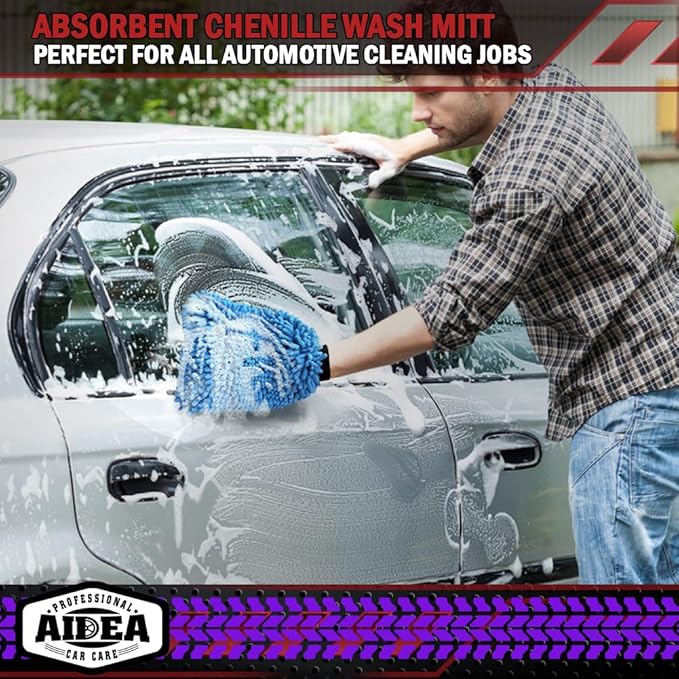 AIDEA Car Wash Mitt Microfiber2PK, Scratch-Free& Lint-Free, Premium Chenille Microfiber Wash Mitt-Blue Extra Large Size (8''X12'')