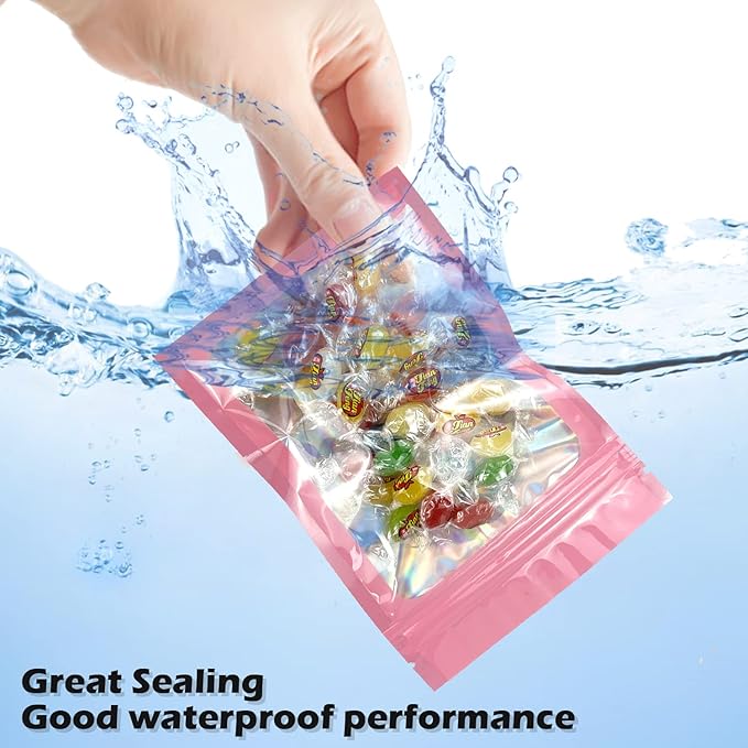 300 Pcs Holographic Mylar Bags, 3 Size Smell Proof Bags with Clear Window Foil Pouch Bags Resealable Bags for Small Business and Food Storage, Pink