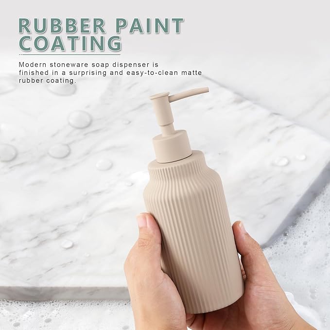 Modern Matte White Soap Dispenser for Bathroom，14oz Ceramic Soft Touch Hand Lotion Dispenser with Pump，Liquid soap Dispenser for Kitchen Rubber Paint (Khaki)