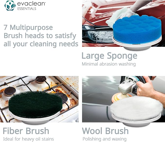 Evaclean Essentials Electric Spin Scrubber - Bathroom Cleaning Brush for Shower, Tub, Home, Up to 400rpm Power, Cordless, 90-Min Runtime, LED Indicator, 7 Brush Heads, 2 Speeds, Ergonomic Long Handle