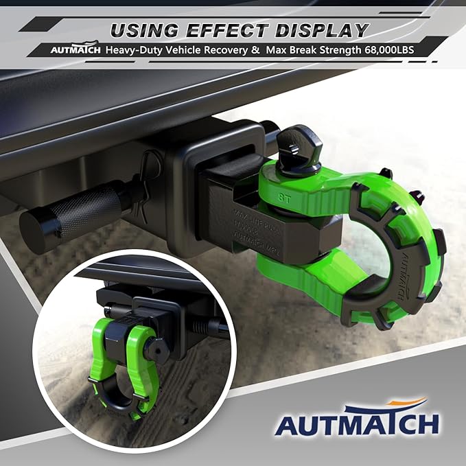 AUTMATCH Shackle Hitch Receiver 2" with 3/4" Mega D Ring Shackle and 5/8" Trailer Hitch Lock Pin, 68,000 Lbs Break Strength Heavy Duty Receiver Towing Kit for Off-Road Vehicle Recovery, Black & Green