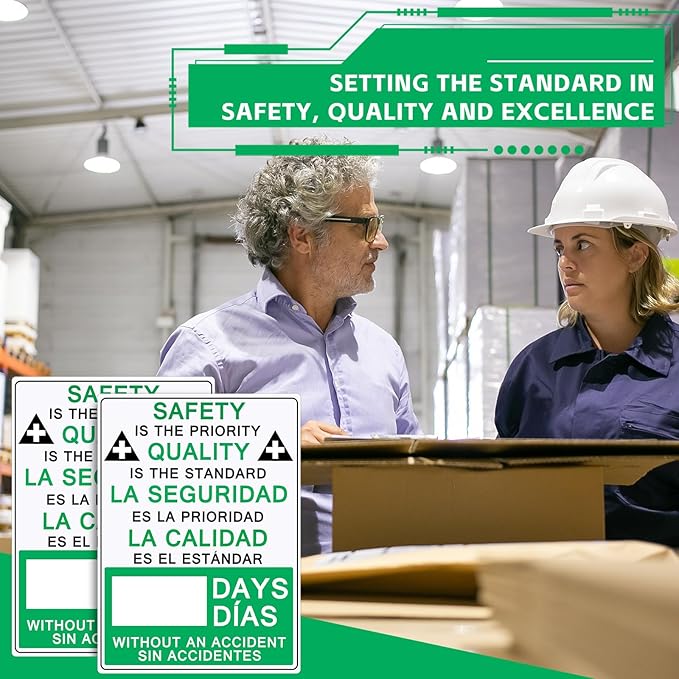 2 Pcs Plastic Days Without Accident Sign 20" x 14" Write a Day Sign Setting the Standard in Safety Quality Excellence Safety Is the Priority Quality Is Standard(Bilingual)