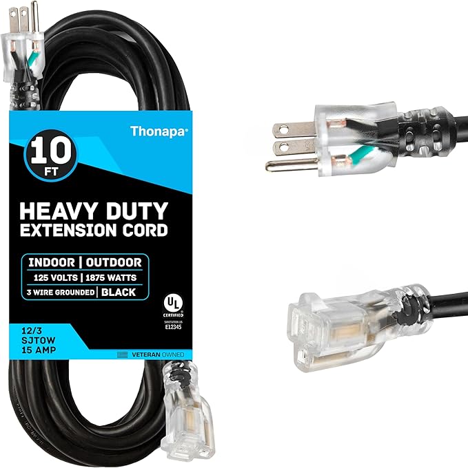 12 Gauge Heavy Duty Extension Cord 10 Ft, SJTOW Oil Resistant & Flame Retardant Black Extension Cord with 3 Prong 10 Foot, 12/3 Black Outdoor Electrical Cable Great for Farm, Ranch & Workshop