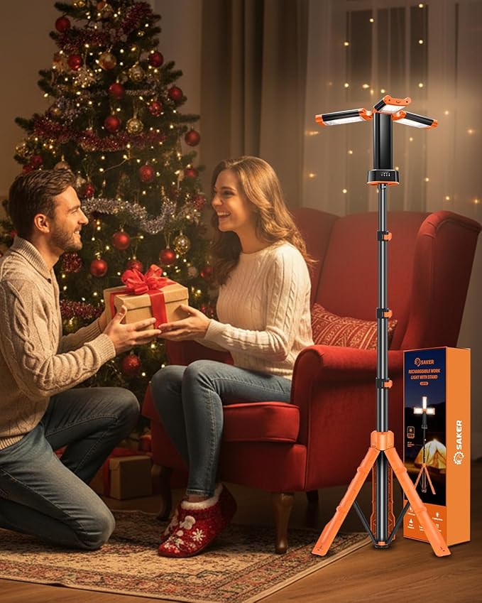 Saker Portable Camping Light with Stand 73.2" Rechargeable Work Light 800/3200 Lumen 4000/6500K Dimmable Emergency Flashlight for Garage, Outdoor Work, Power Outages, Fishing LD10 Orange