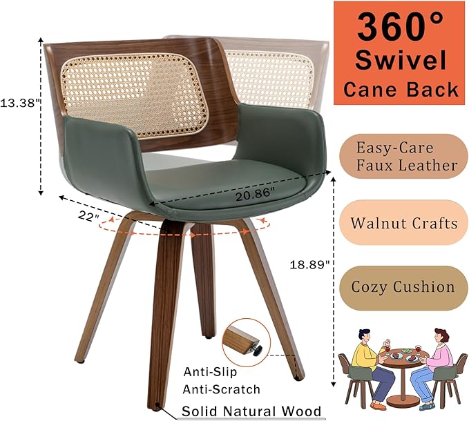 Set of 2 Dining Room Chairs with Arms - Swivel Cane Dining Chairs with Ergonomic Rattan Back, Walnut Bentwood Frame, Curved Arms, Versatile for Restaurant/Living Room/Kitchen (Walnut Green)