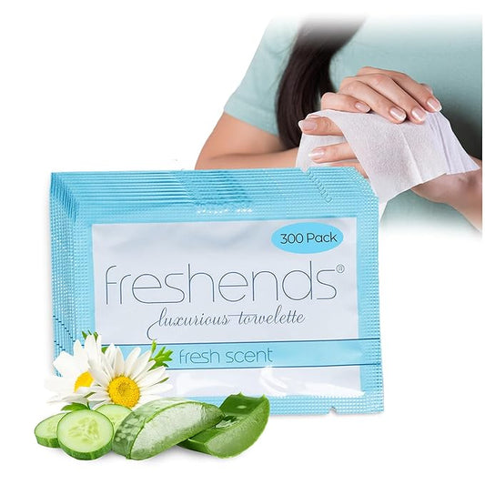 Freshends Flushable Individually Wrapped Wipes – 100 Bulk Pack Luxurious Towelettes, Guest Bathroom Essentials for Weddings, Restaurants, Bars & Clubs – Blue, Travel-Size, Disposable