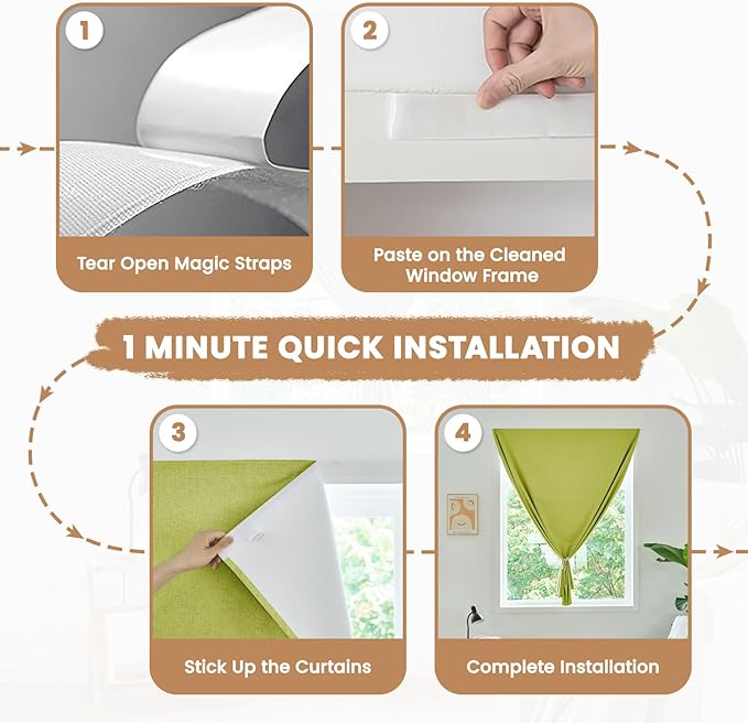 100% Blackout French Door Curtain,Adhesive, No Drilling Required,Small Curtains Designed for Installation On Doors (Fruit Green - W25 × L40 in)
