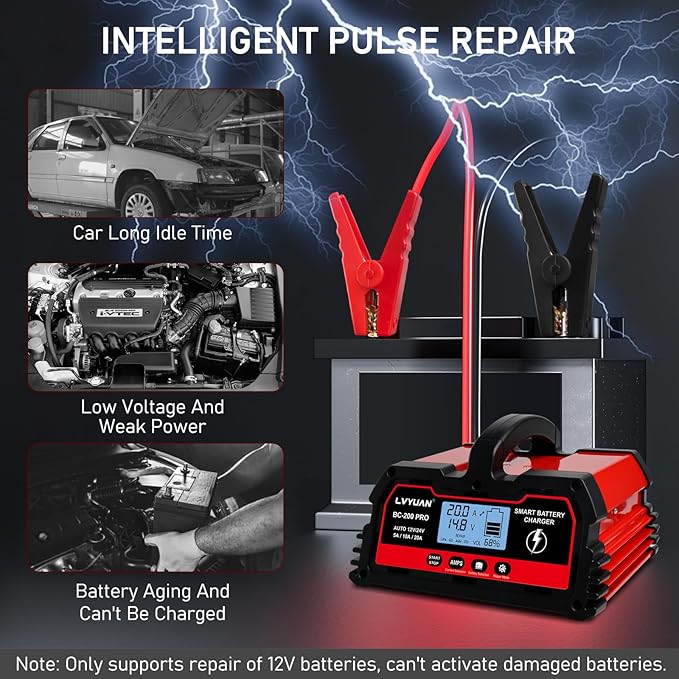 LVYUAN 20Amp Smart Car Battery Charger, 12V/24V Automotive Charger, LiFePO4 Battery, Lead-Acid Battery Maintainer with LCD Display, Trickle Charger, for Lawn Mower, Motorcycle, AGM, STD, Gel, EFB,etc