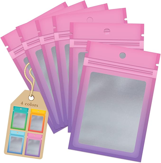 Funfery 100 Pcs Resealable Smell Proof Bags for Food Storage,Clear Cute Mylar Bags for Small Business Foil Pouch Zipper Packaging Bag for Sample Jewelry Eyelash Gloss(Pink Purple,2.7X3.9in)