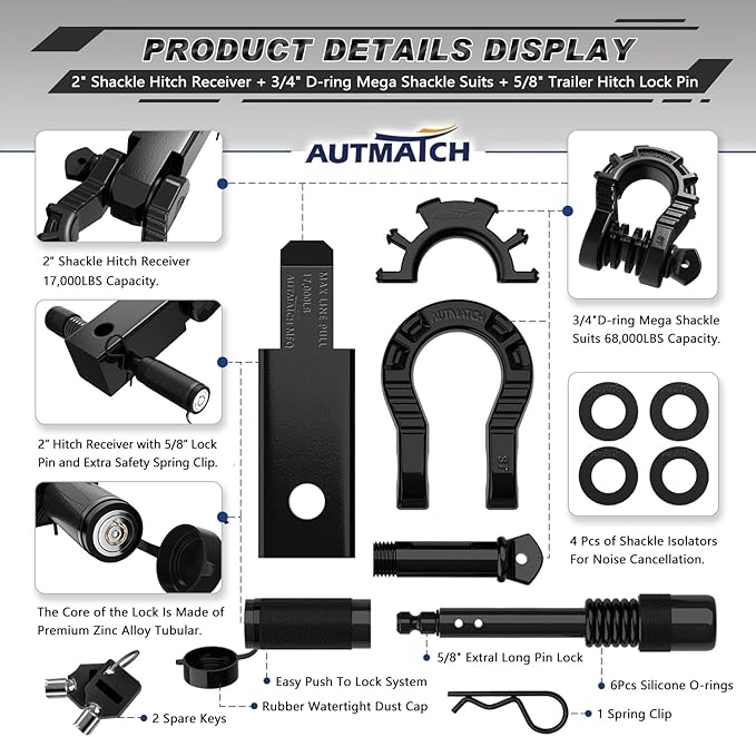 AUTMATCH Shackle Hitch Receiver 2" with 3/4" Mega D Ring Shackle and 5/8" Trailer Hitch Lock Pin, 68,000 Lbs Break Strength Heavy Duty Receiver Towing Kit for Off-Road Vehicle Recovery, Black