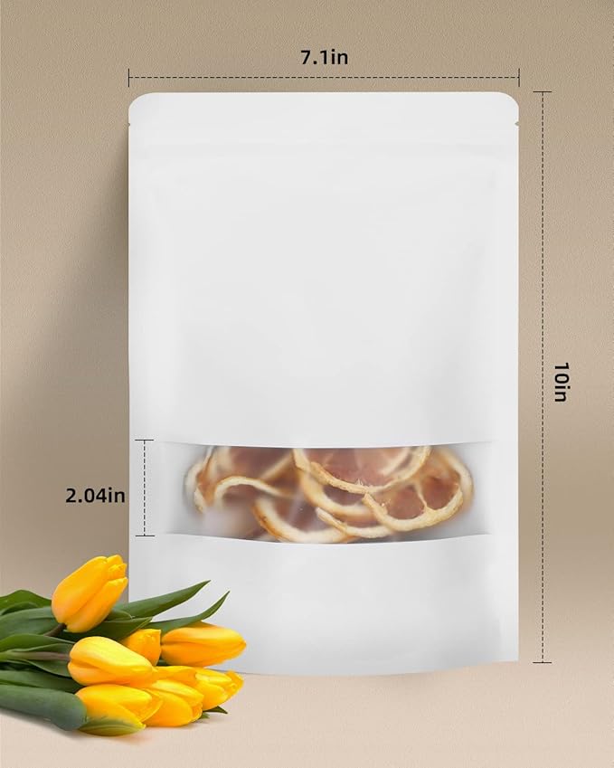 50pcs Kraft Bags with Window 7.1x10 Inches White Reusable Sealable Zip Lock Food Storage Stand up Paper Pouches for Home or Business