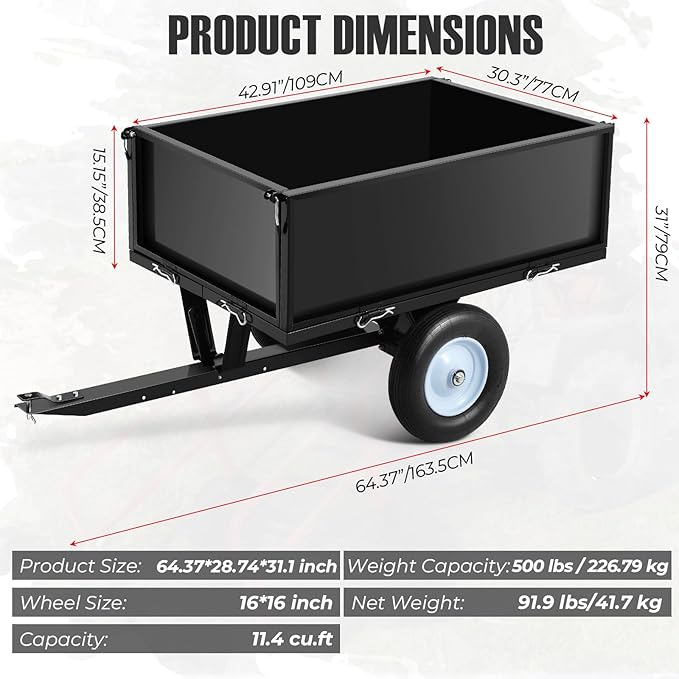 500 LBS Tow Behind ATV Trailer Dump Cart, Heavy Duty Pull Behind Yard Wagon Garden Cart with 2 Wheels, for Tractor, ATV, UTV, Outdoor Lawn Mower